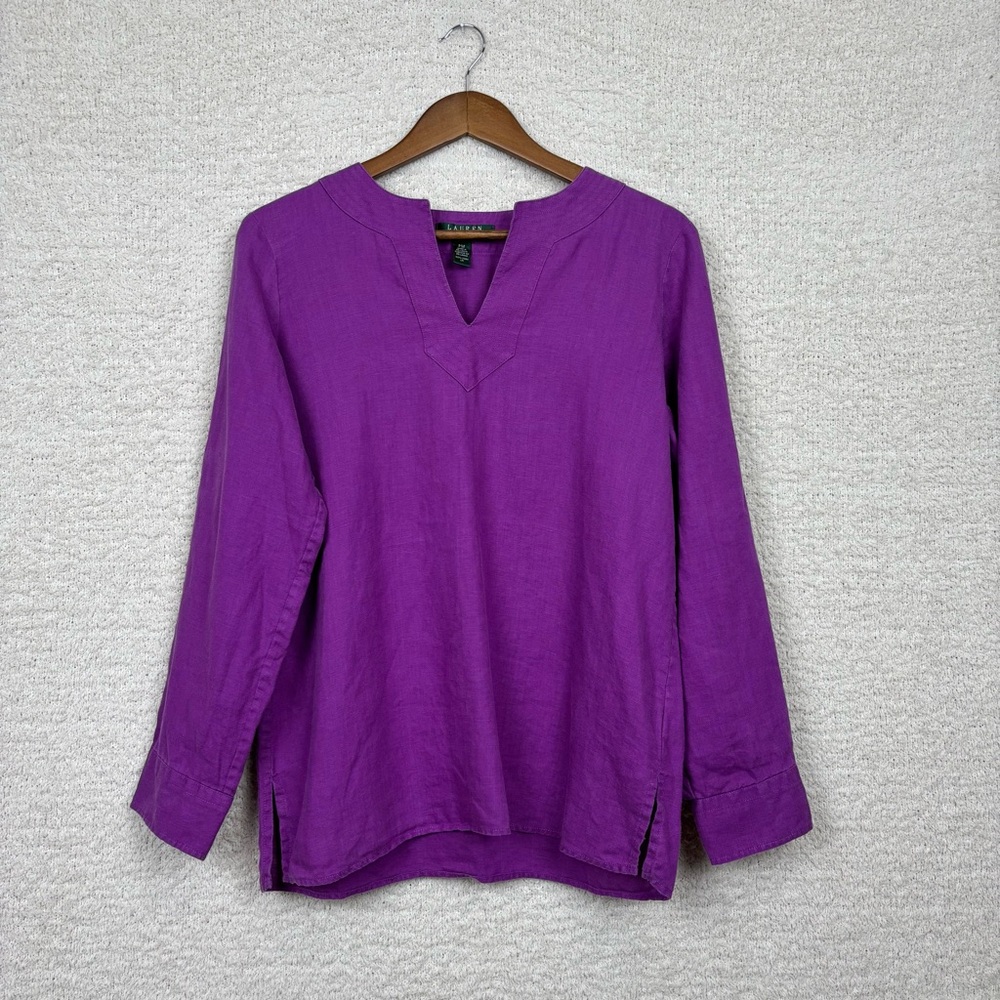 Lauren Ralph Lauren Top Womens MP Purple Roll Tab Linen Pullover Blouse V Neck